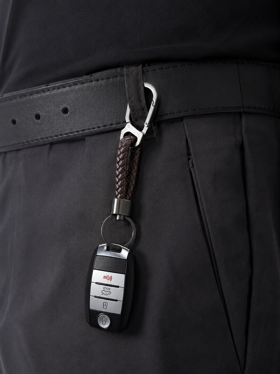 Braided Leather Car Key Chain (Dark Brown)