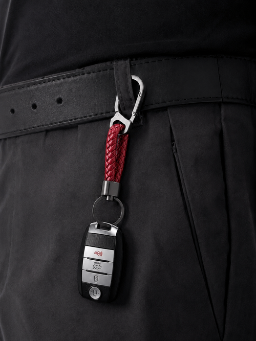Braided Leather Car Key Chain (Red)